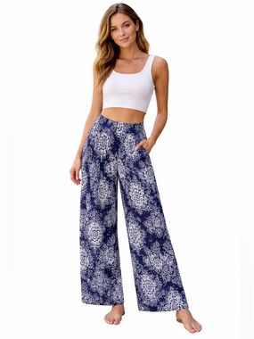 Navy & White Wide Leg Printed Palazzo Pants